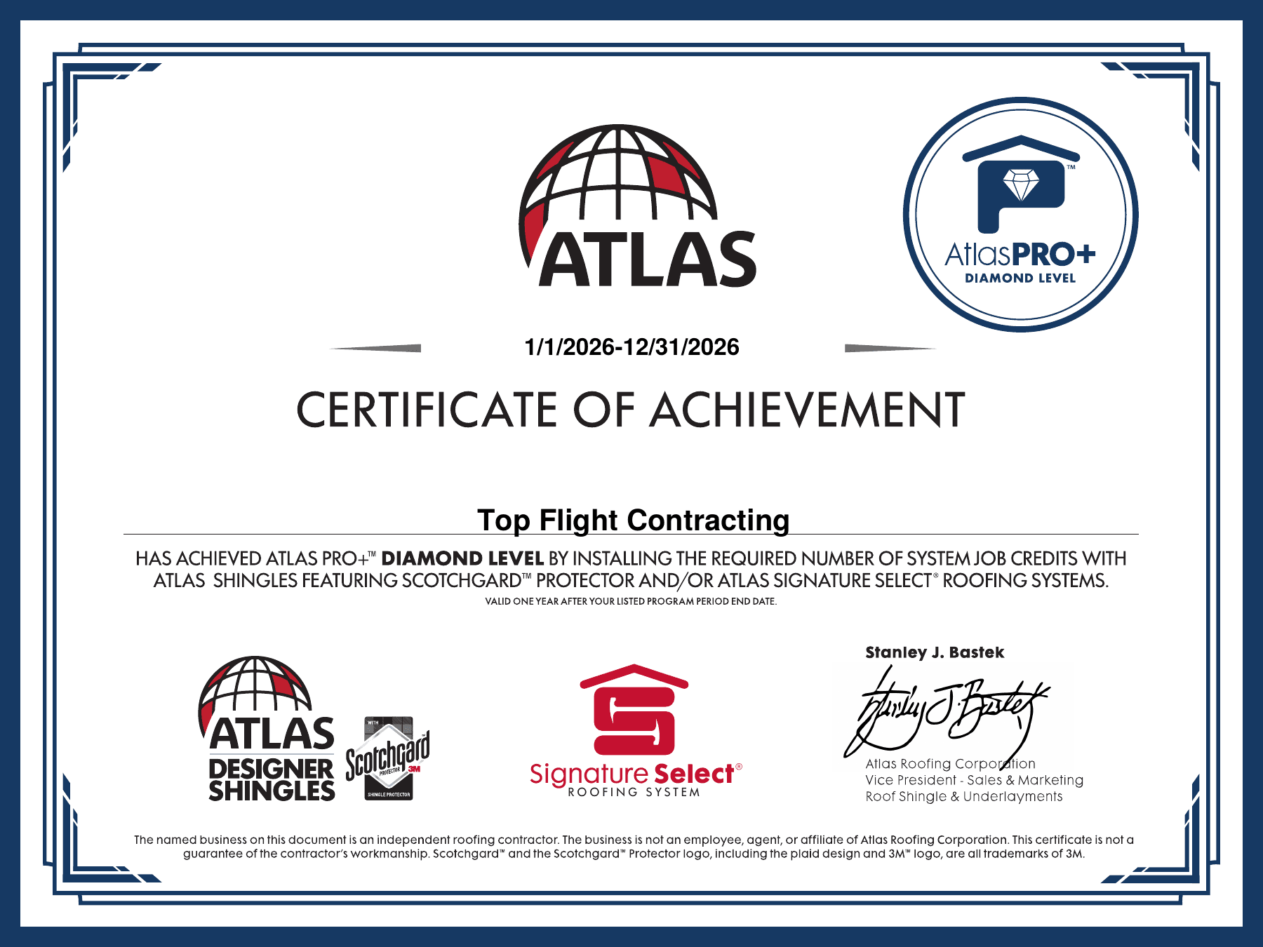 Atlas certificate of achievement naming Top Flight Contracting an AtlasPRO+ Diamond Level contractor for the 2026 program year